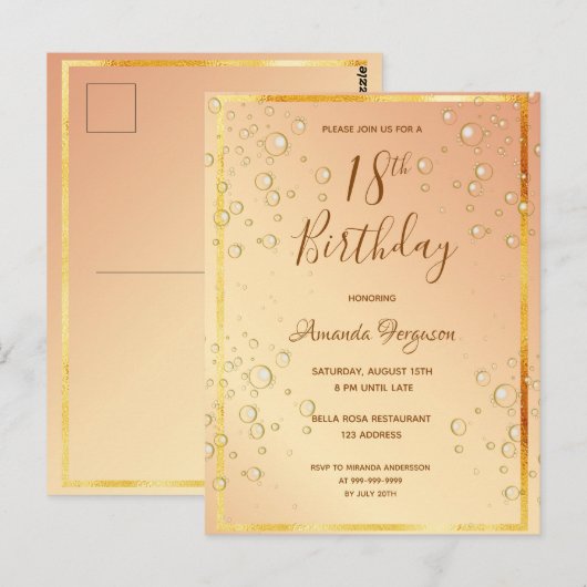 18e verjaardag gouden bubbels glam uitnodiging (Voorkant / Achterkant)