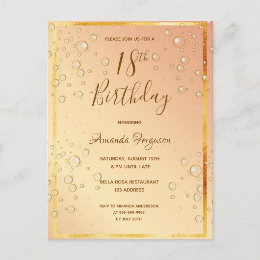 18e verjaardag gouden bubbels glam uitnodiging (Voorkant)