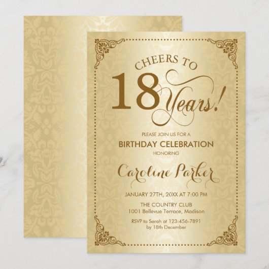 18e verjaardag - Gouden Damask Kaart (Voorkant / Achterkant)