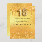 18e verjaardag gouden glitter druppels uitnodiging briefkaart (Voorkant / Achterkant)