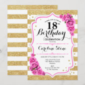 18e verjaardag - Gouden witte strepen roze rozen Kaart (Voorkant / Achterkant)