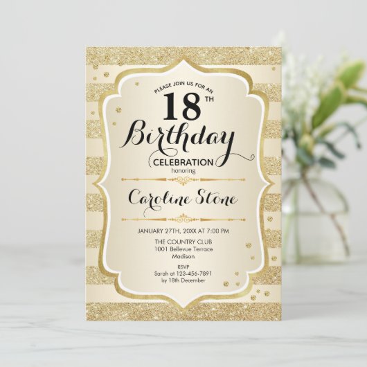 18e verjaardag - gouduitnodiging kaart (Staand voorkant)