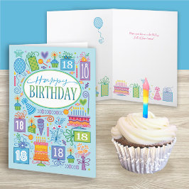 18e verjaardag heldere pasta-pictogrammen op blauw kaart