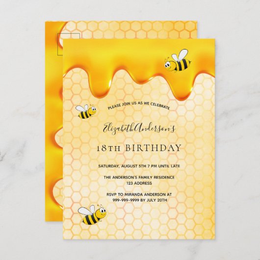 18e verjaardag hommel honingraat uitnodiging (Voorkant / Achterkant)