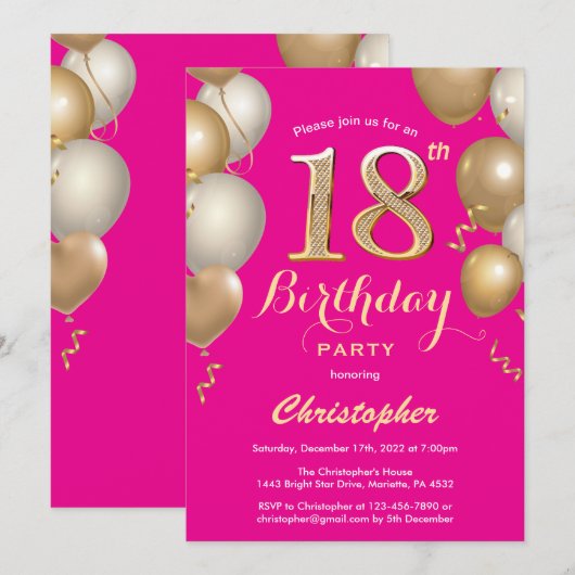18e verjaardag Hot Pink en Gold Balloons Confetti Kaart (Voorkant / Achterkant)