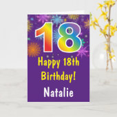 18e Verjaardag Kleurrijk Regenboog Vuurwerk Paarse Kaart (Gele Bloem)