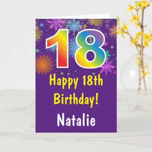 18e Verjaardag Kleurrijk Regenboog Vuurwerk Paarse Kaart (Gele Bloem)