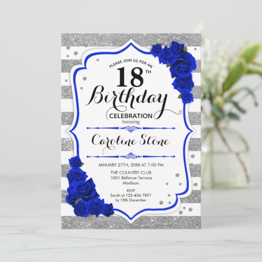 18e verjaardag - Koninklijk Blauw Zilver Wit Strep Kaart (Staand voorkant)