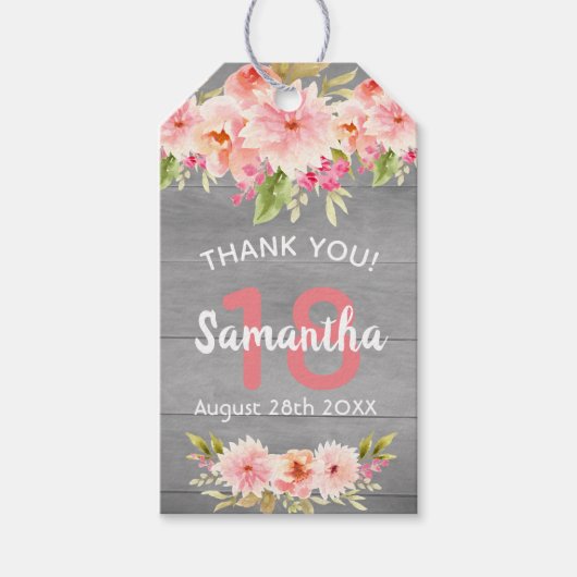 18e verjaardag koraal dahlia bloemen grijs dank u cadeaulabel (Voorkant)