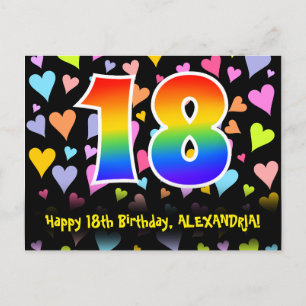 18e verjaardag: leuk harten patroon, regenboog 18 briefkaart