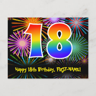 18e verjaardag – leuk vuurwerkpatroon + regenboog  briefkaart