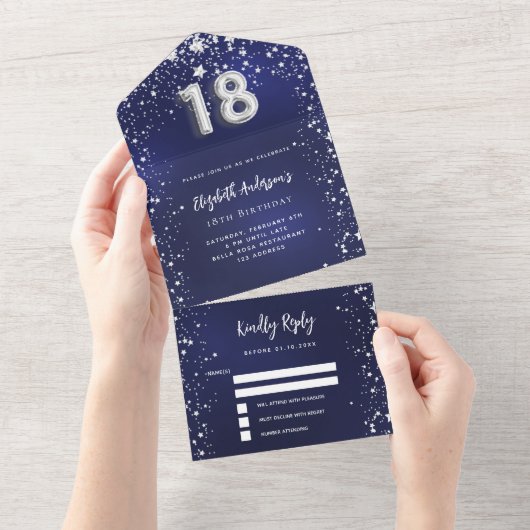 18e Verjaardag marineblauw zilveren sterren rsvp All In One Uitnodiging (Afscheurbaar)
