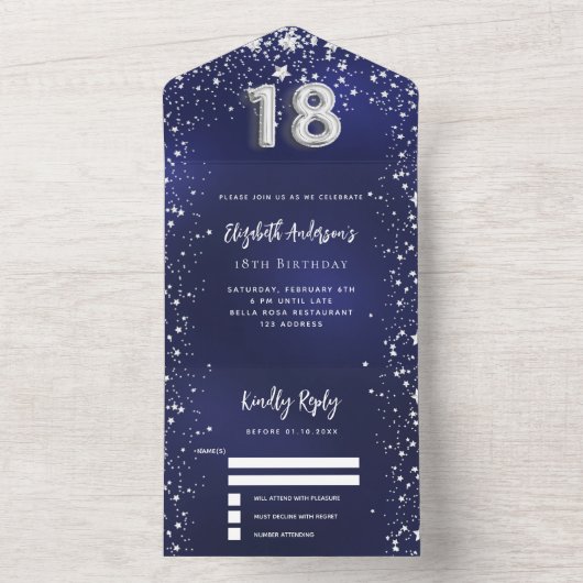 18e Verjaardag marineblauw zilveren sterren rsvp All In One Uitnodiging (Binnen)