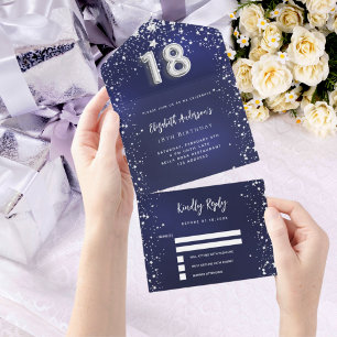 18e Verjaardag marineblauw zilveren sterren rsvp All In One Uitnodiging