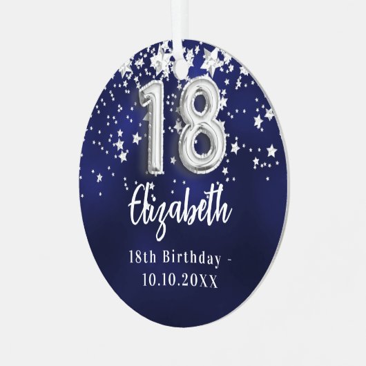 18e verjaardag marineblauwe zilveren sterren metalen ornament (Voorkant links)