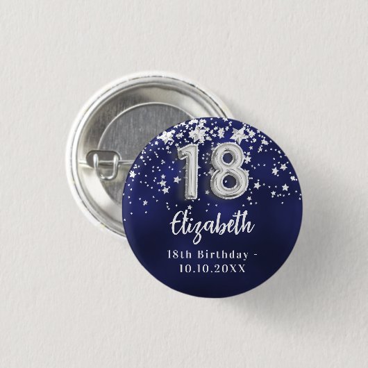 18e verjaardag marineblauwe zilveren sterren ronde button 3,2 cm (Voorkant /achterkant)