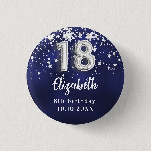 18e verjaardag marineblauwe zilveren sterren ronde button 3,2 cm (Voorkant)