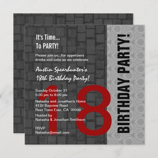 18e verjaardag Modern Red Silver Black D417 Kaart (Voorkant / Achterkant)