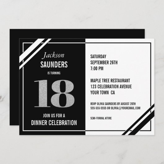 18e verjaardag Moderne Zwarte en Witte Dinner Part Kaart (Voorkant / Achterkant)