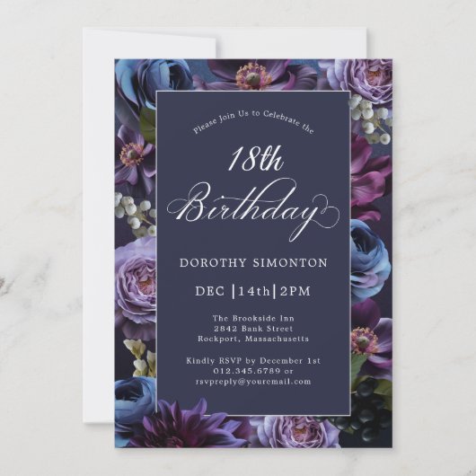18e verjaardag Moody Paarse bloemenuitnodiging Kaart (Voorkant)