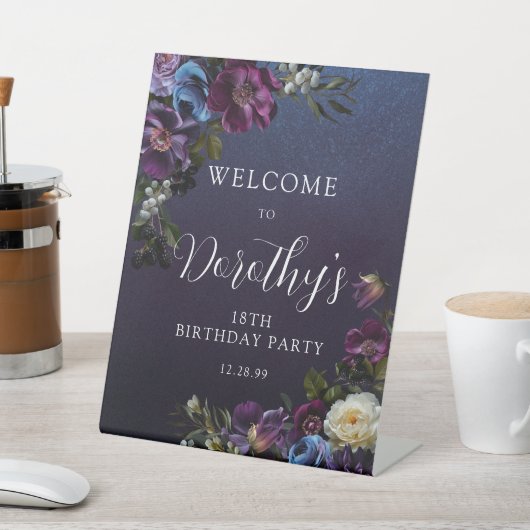18e verjaardag Moody Purple Flowers Custom Welkom Reclamebord Met Voetstuk (Insitu)