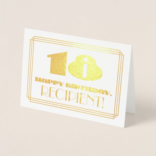 18e verjaardag; naam + Art Deco geïnspireerd look  Folie Kaarten (Voorkant)