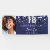 18e verjaardag navy blauw zilveren sterren fotofee spandoek (Horizontaal)