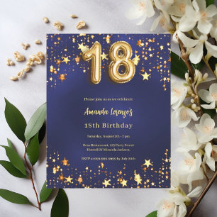 18e verjaardag Navy Blue Gold Stars Uitnodiging