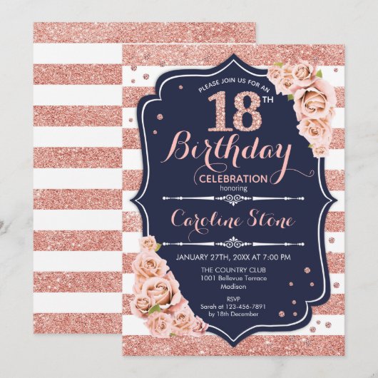 18e Verjaardag - Navy Roos Goud en witte strepen Kaart (Voorkant / Achterkant)