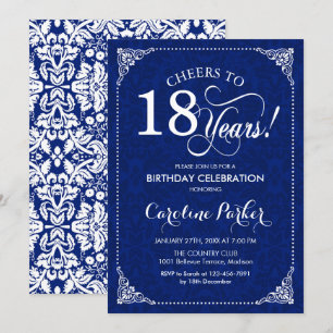 18e verjaardag - Navy White Damask Kaart