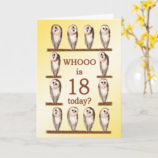 18e verjaardag, nieuwsgierige uilen kaart (Gele Bloem)