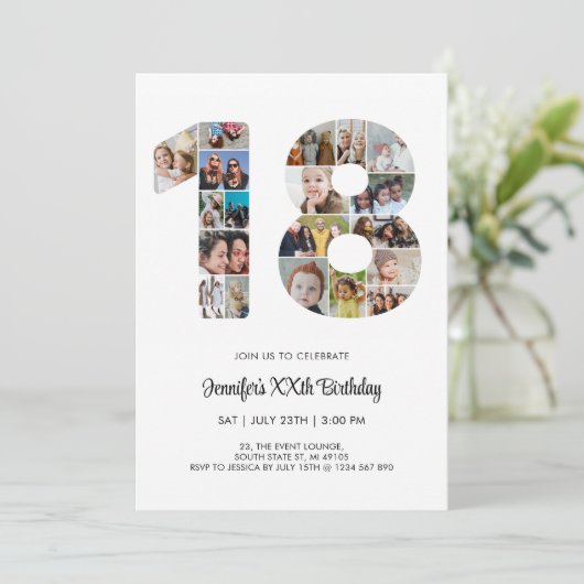 18e verjaardag nummer 18 aangepaste fotocollage kaart (Staand voorkant)