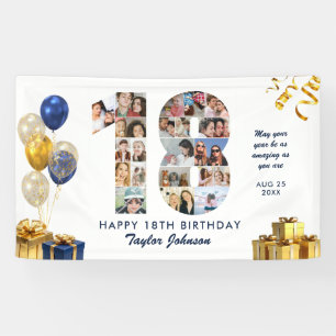 18e Verjaardag Nummer 18 Fotocollage Wit Goud Spandoek