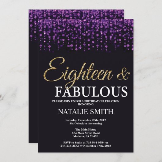 18e verjaardag Paars en goudglitter Kaart (Voorkant / Achterkant)