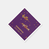 18e verjaardag paars goud hallo 18 script naam servet (Hoek)