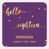 18e verjaardag paars goud hallo 18 scriptnaam vierkante sticker (Voorkant)