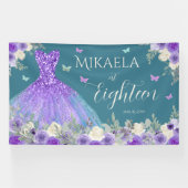 18e Verjaardag Paarse Bloemen Banner (Horizontaal)