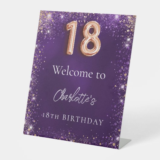 18e verjaardag paarse glitter schittert welkom reclamebord met voetstuk (Voorkant)