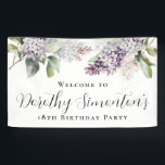 18e Verjaardag Paarse Lila Lentebloem Welkom Spandoek<br><div class="desc">Zachte waterverf paarse lilacs creëer een lente 18e verjaardag welkom banner. De kalligrafie voegt een elegante touch toe. Alle tekst kan eenvoudig worden bewerkt. Dit artikel maakt deel uit van het Paarse lente Lila Bloem collectie. Het laat u een thema kiezen en dan gemakkelijk creëer een unieke uitnodigingsreeks, welkomsttekens en...</div>