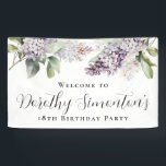 18e Verjaardag Paarse Lila Lentebloem Welkom Spandoek<br><div class="desc">Zachte waterverf paarse lilacs creëer een lente 18e verjaardag welkom banner. De kalligrafie voegt een elegante touch toe. Alle tekst kan eenvoudig worden bewerkt. Dit artikel maakt deel uit van het Paarse lente Lila Bloem collectie. Het laat u een thema kiezen en dan gemakkelijk creëer een unieke uitnodigingsreeks, welkomsttekens en...</div>