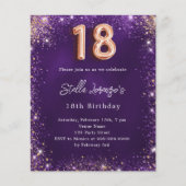 18e Verjaardag paarse roos gouden uitnodiging (Voorkant)