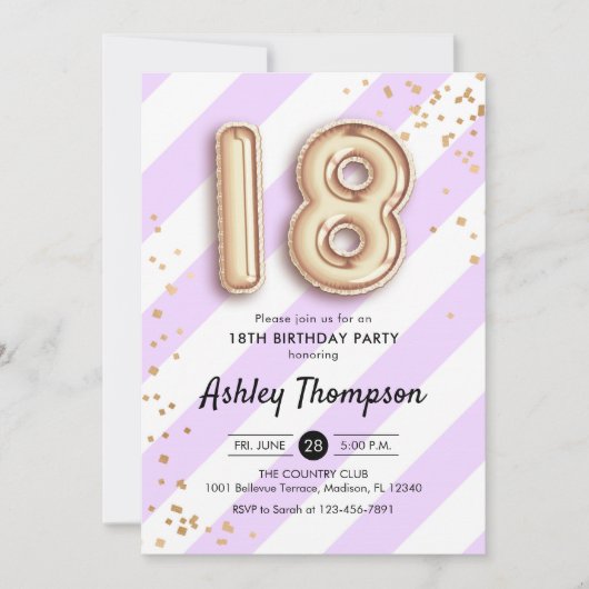 18e verjaardag - Paarse strepen gouden ballonnen Kaart (Voorkant)