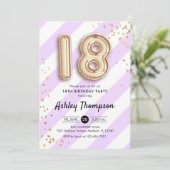 18e verjaardag - Paarse strepen gouden ballonnen Kaart (Staand voorkant)