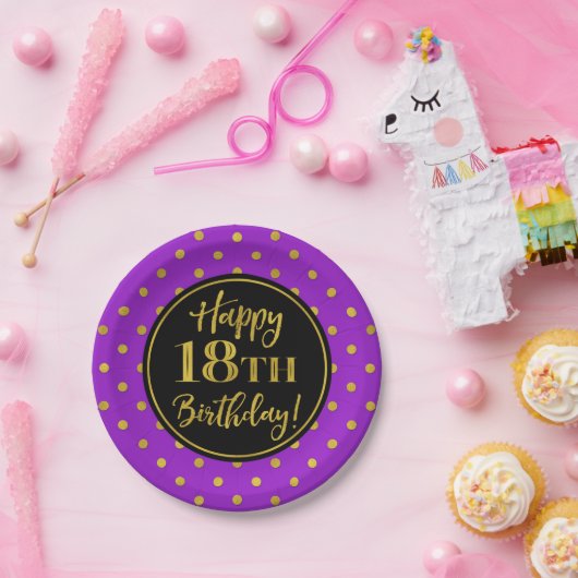 18e verjaardag Paarse zwarte goudStippen Papieren Bordje (Feest)