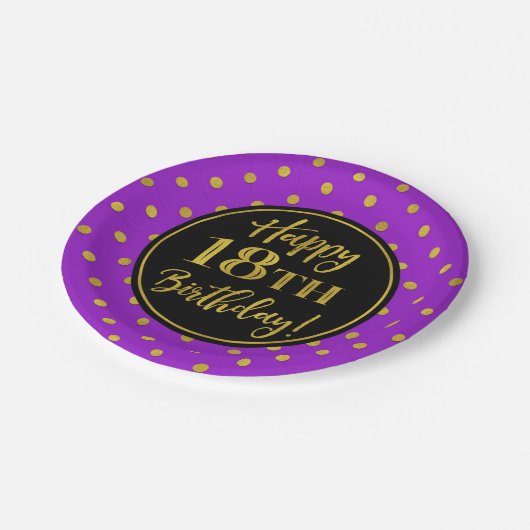 18e verjaardag Paarse zwarte goudStippen Papieren Bordje (Gekanteld)