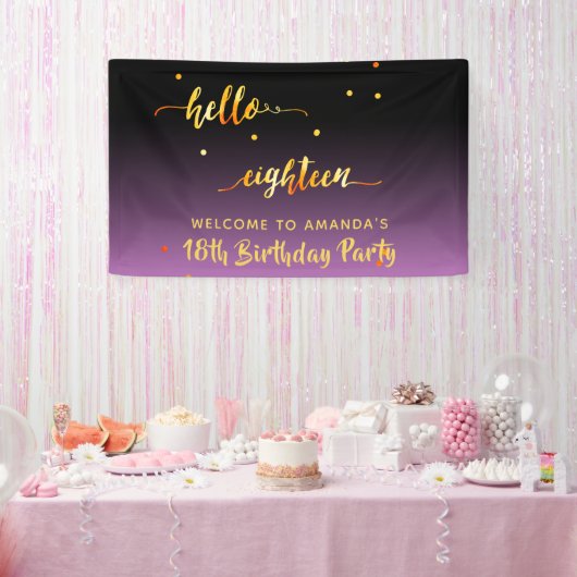 18e verjaardag paarse zwarte hallo 18 scriptnaam spandoek (Feest)