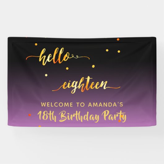 18e verjaardag paarse zwarte hallo 18 scriptnaam spandoek (Horizontaal)