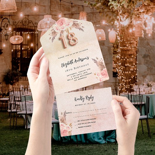 18e verjaardag pampas gras roze roos florals RSVP All In One Uitnodiging