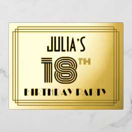 18e verjaardag partij ~ Art Deco Style "18" + naam Folie Uitnodiging Briefkaart