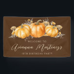 18e Verjaardag Party Rustic Boho Herfst Pompoen Spandoek<br><div class="desc">Elegante waterverf oranje pompoenen zijn genesteld in een verscheidenheid van herfst bladeren en bloemen. Een donkerbruine achtergrond lijsten het tot in de perfectie. Perfect voor een herfstfeest. Alle tekst is bewerkbaar.</div>